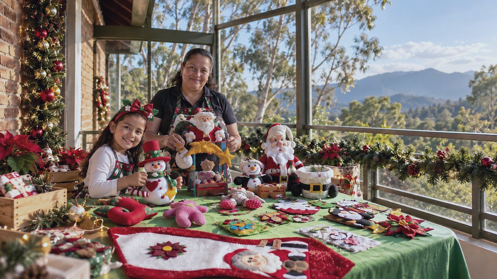 Una mamá de la Fundación y su hija con diadema navideña junto a los adornos que elaboran a mano en Villa Esperanza